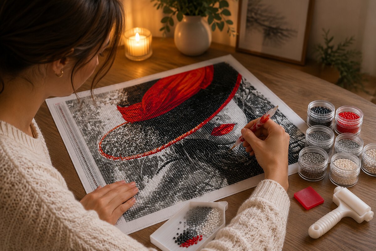 Working on the noir lady kit at a desk with a candle, plant, and rows of diamond jars | Azurra Shop