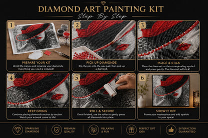 Six step guide showing how to complete the noir lady diamond painting | Azurra Shop