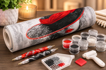 Rolled canvas and full supplies for the noir lady kit, including marbled applicator pens, diamond jars, and a roller | Azurra Shop