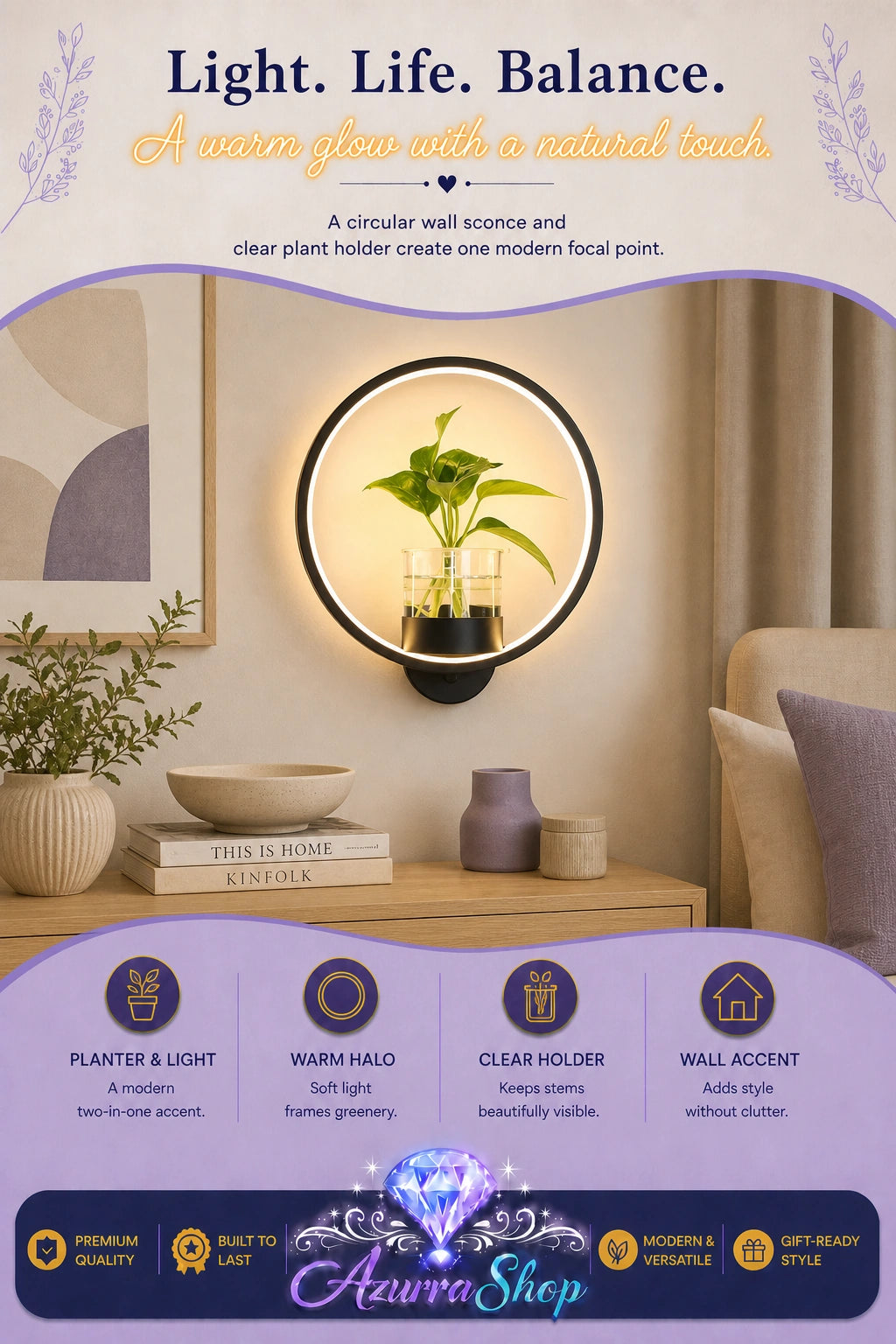 Black circular wall sconce with a built-in glass plant holder and a small potted green plant, mounted on a beige wall above a wooden console table, with a header graphic reading &