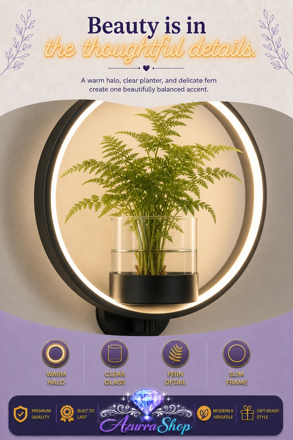 Close-up of a wall-mounted black ring light with a clear glass planter holding a green fern, backlit with a warm glow, with a header graphic reading &