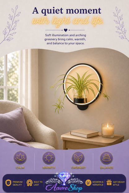 Wall-mounted black ring light with a built-in glass plant holder and a small potted green plant, in a cozy living room with a candle and pillows nearby, with a header graphic reading &