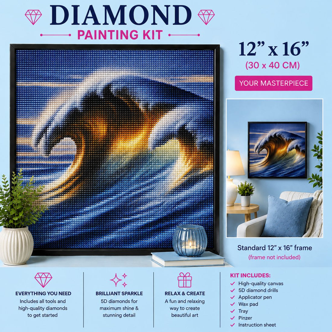 Framed golden barrel wave diamond painting displayed in a cozy living room | Azurra Shop