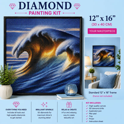 Framed golden barrel wave diamond painting displayed in a cozy living room | Azurra Shop