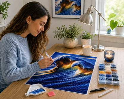 Working on the golden barrel wave kit at a cozy desk with drill tools nearby | Azurra Shop