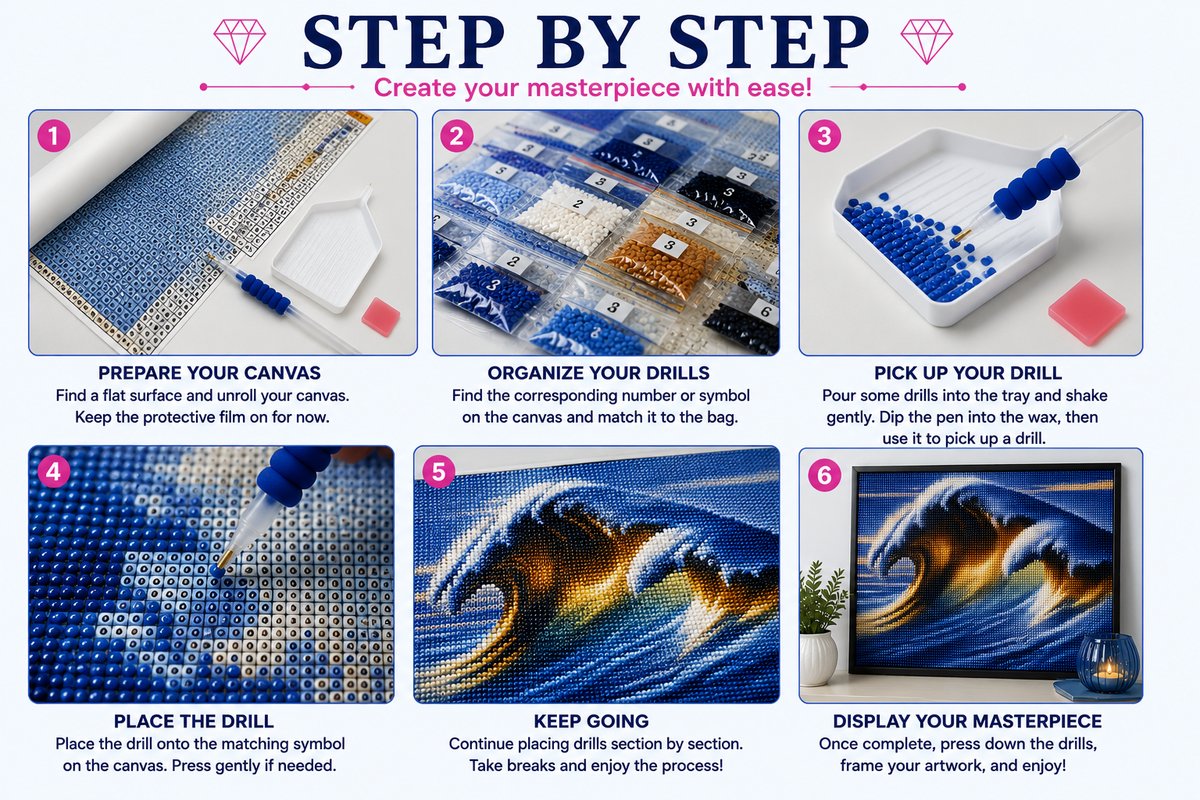 Step by step guide showing how to complete the golden barrel wave diamond painting | Azurra Shop