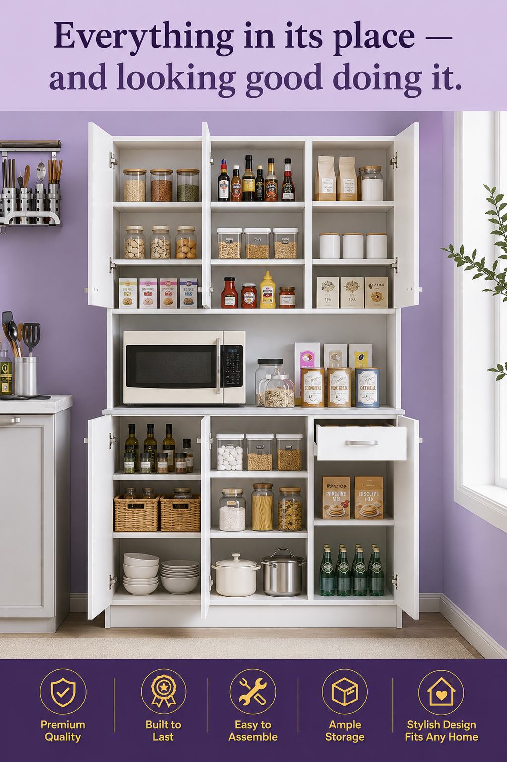 71" White Kitchen Pantry Cabinet with Microwave Stand