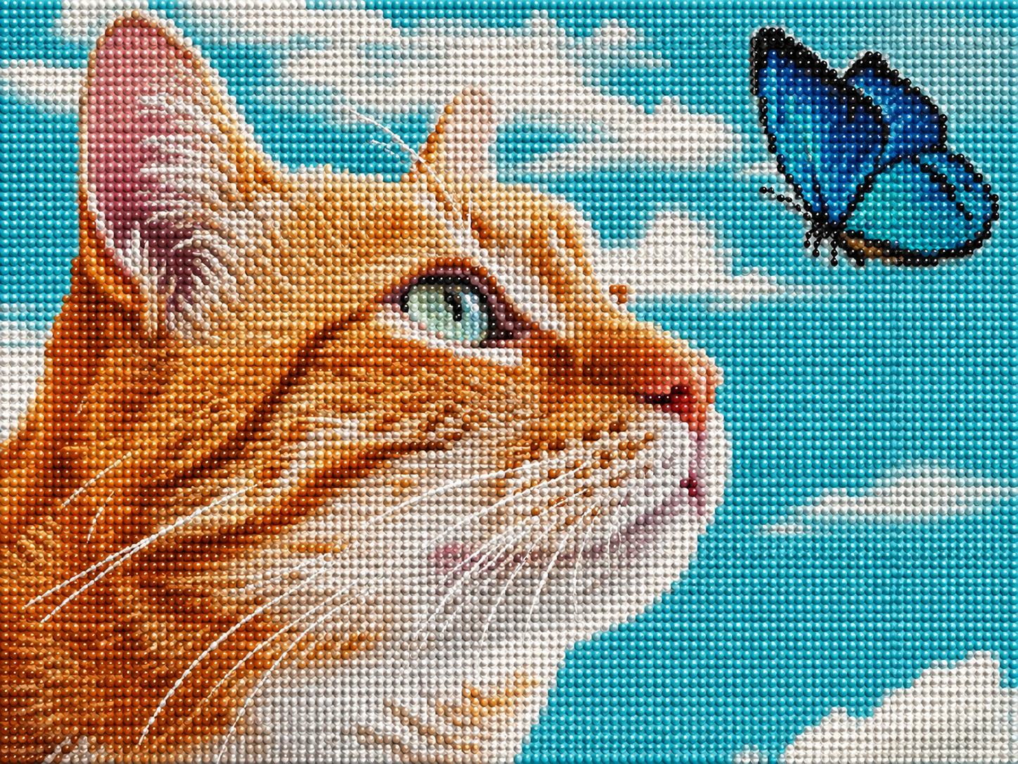 Orange calico tabby cat diamond painting kit close-up – orange tabby with luminous golden-green eyes gazing at a delicate blue butterfly, rich emerald green background, sparkling full drill 5D resin diamond texture — Azurra Shop
