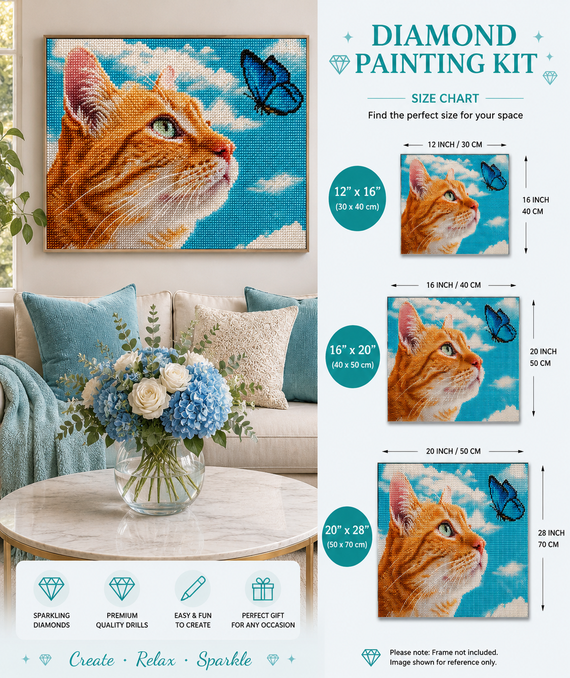 Tabby cat and butterfly diamond painting kit size chart – Orange Calico design, 3 sizes shown 12" x 16", 16" x 20", 20" x 28", framed finished cat art displayed on living room wall, sparkling premium quality diamonds — Azurra Shop
