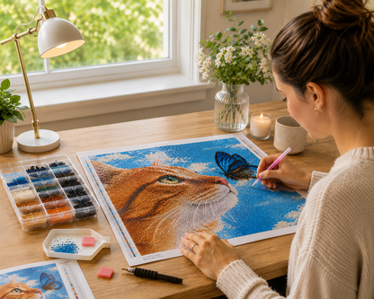 Woman creating tabby cat and butterfly diamond painting kit at bright craft desk with sorted diamond drills in organizer tray, applicator pen, wax pad, candle and white flowers — Azurra Shop
