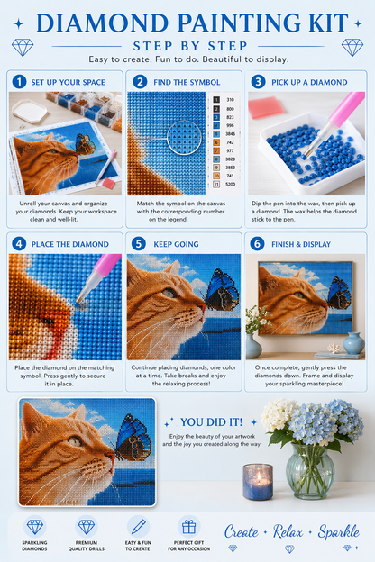 Tabby cat and butterfly diamond painting kit easy step-by-step guide – 6 illustrated steps showing how to prepare canvas, pick up and place diamond drills, press to secure, frame and display finished cat artwork — Azurra Shop
