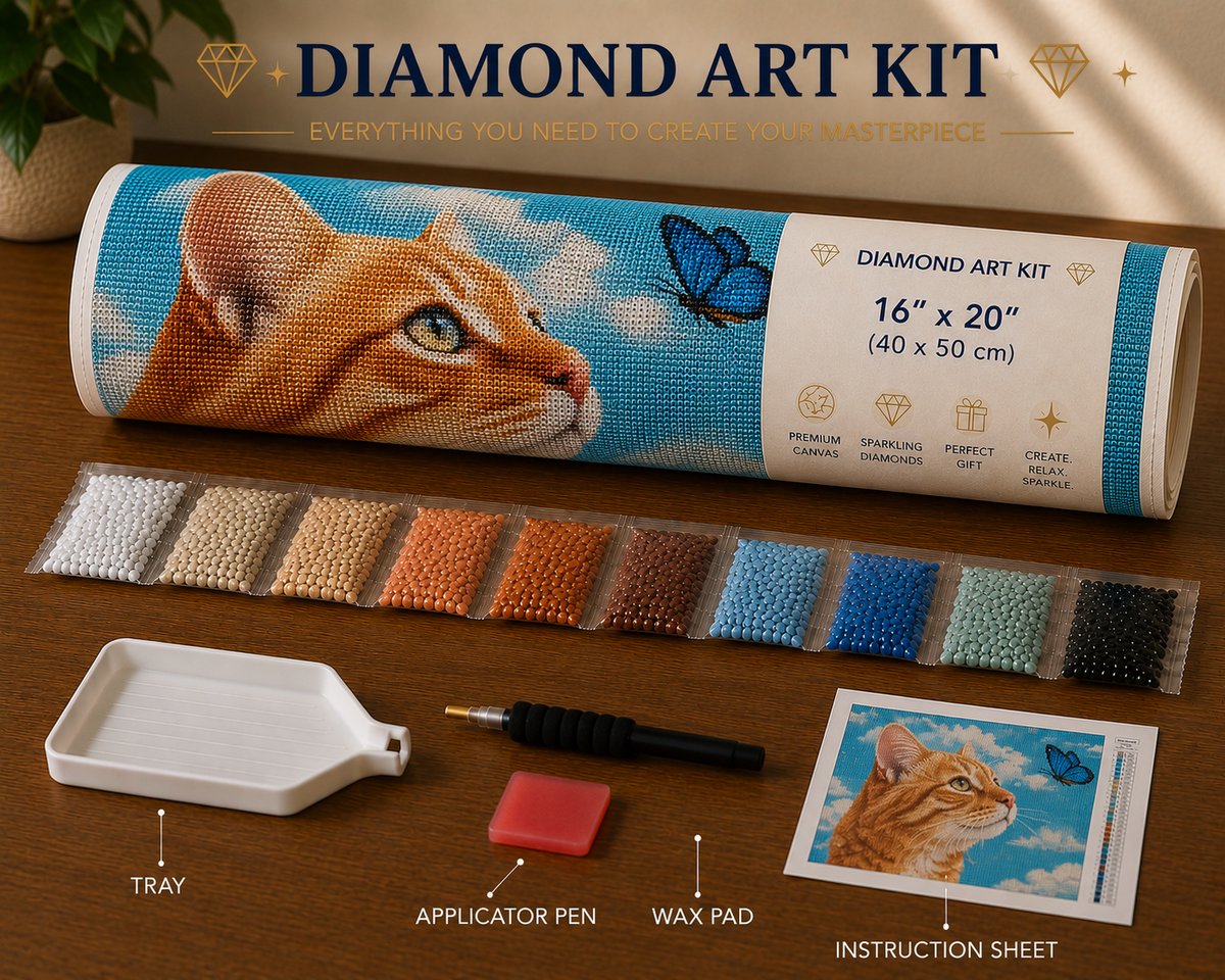 Rolled canvas and supplies for the cat and butterfly kit, including drill packets, applicator pen, tray, and wax pad | Azurra Shop