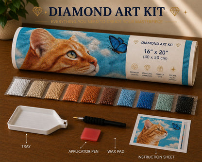 Rolled canvas and supplies for the cat and butterfly kit, including drill packets, applicator pen, tray, and wax pad | Azurra Shop