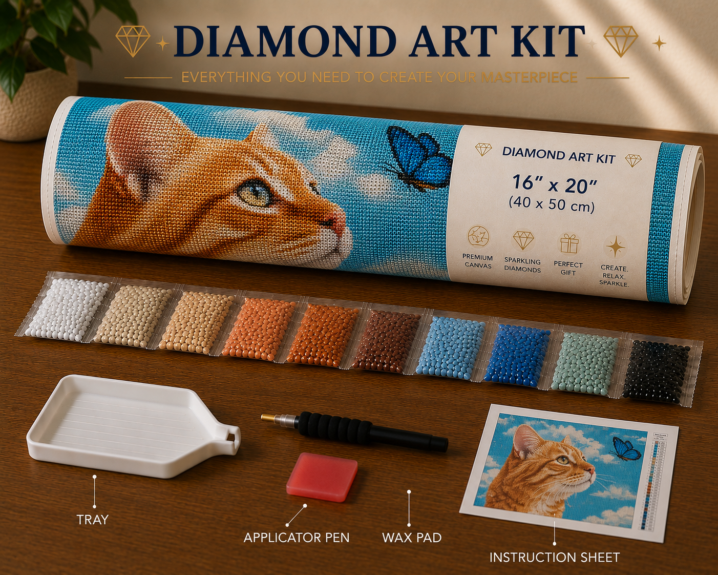Tabby cat and butterfly diamond painting kit supplies – 16" x 20" canvas tube, sorted orange, green, white and blue diamond drill packets, applicator pen, wax pad, tray and instruction sheet on wooden surface — Azurra Shop
