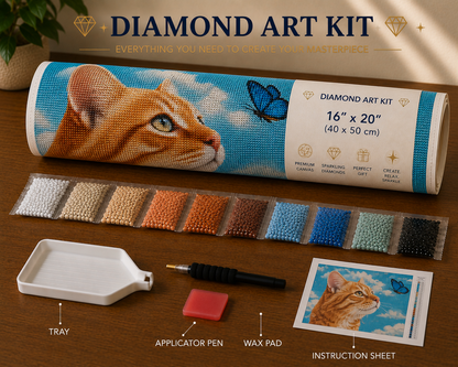 Tabby cat and butterfly diamond painting kit supplies – 16" x 20" canvas tube, sorted orange, green, white and blue diamond drill packets, applicator pen, wax pad, tray and instruction sheet on wooden surface — Azurra Shop
