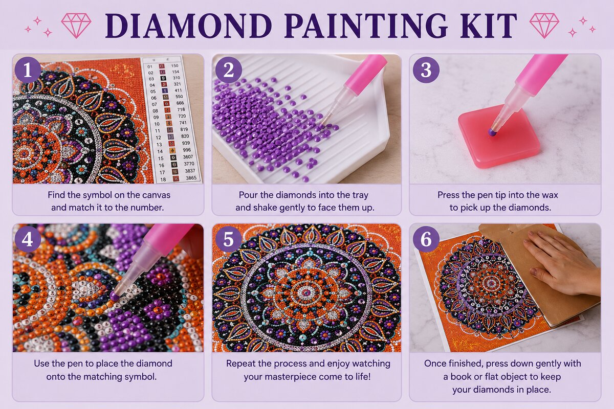 Six step instructions for completing a diamond painting kit from matching symbols to framing and display | Azurra Shop