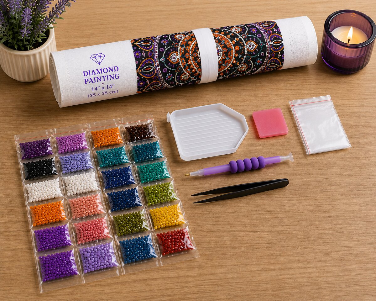 Diamond painting kit supplies including rolled canvas, 24 numbered diamond bags, applicator pen, and tweezers | Azurra Shop