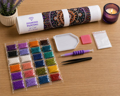 Diamond painting kit supplies including rolled canvas, 24 numbered diamond bags, applicator pen, and tweezers | Azurra Shop