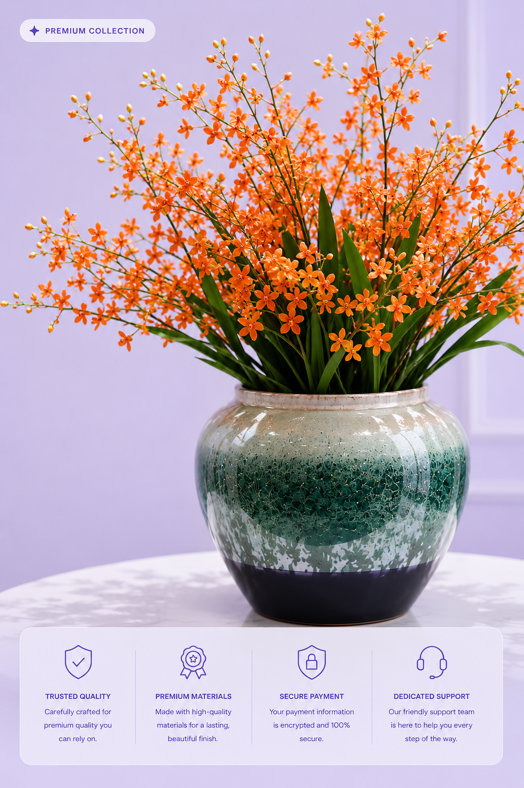 Dancing oncidium orchid close-up — vibrant orange spray blooms in hand-glazed teal ceramic vase — Azurra Shop