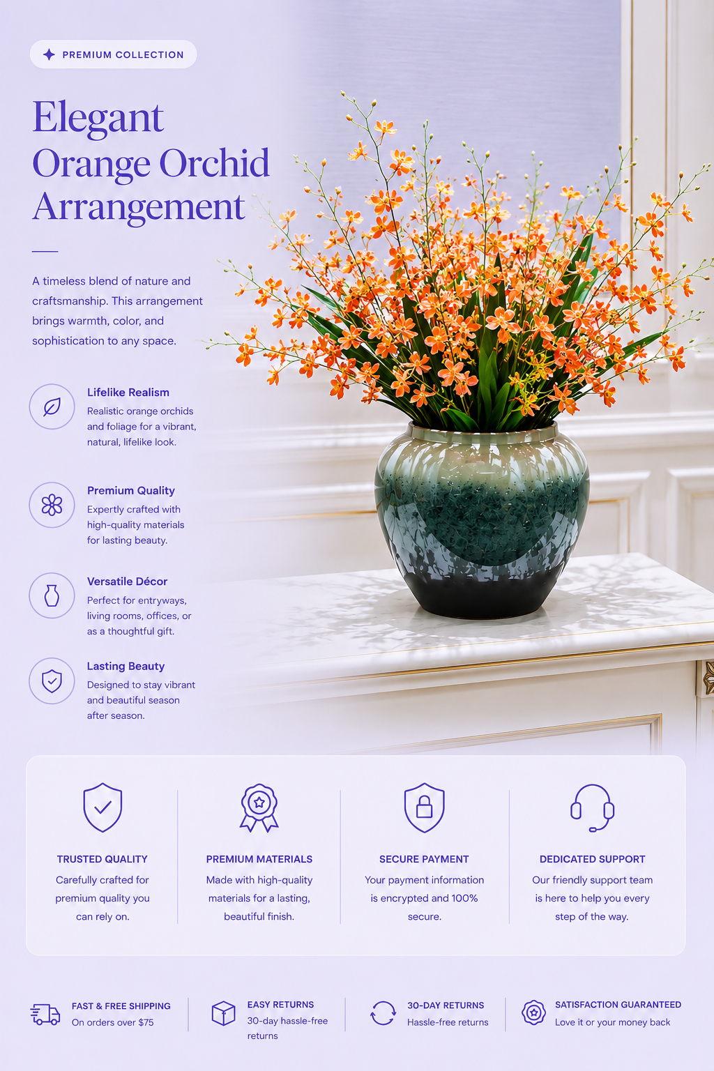 Dancing oncidium orchid ceramic vase styled on marble console — elegant orange spray orchid arrangement — Azurra Shop
