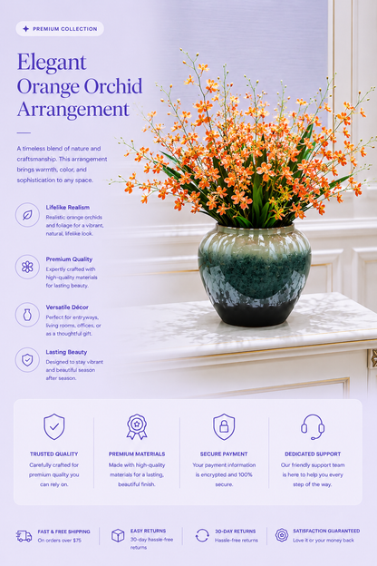Dancing oncidium orchid ceramic vase styled on marble console — elegant orange spray orchid arrangement — Azurra Shop