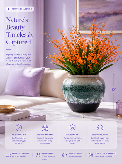 Dancing oncidium orchid ceramic vase on marble coffee table in lavender living room — premium artificial floral decor — Azurra Shop