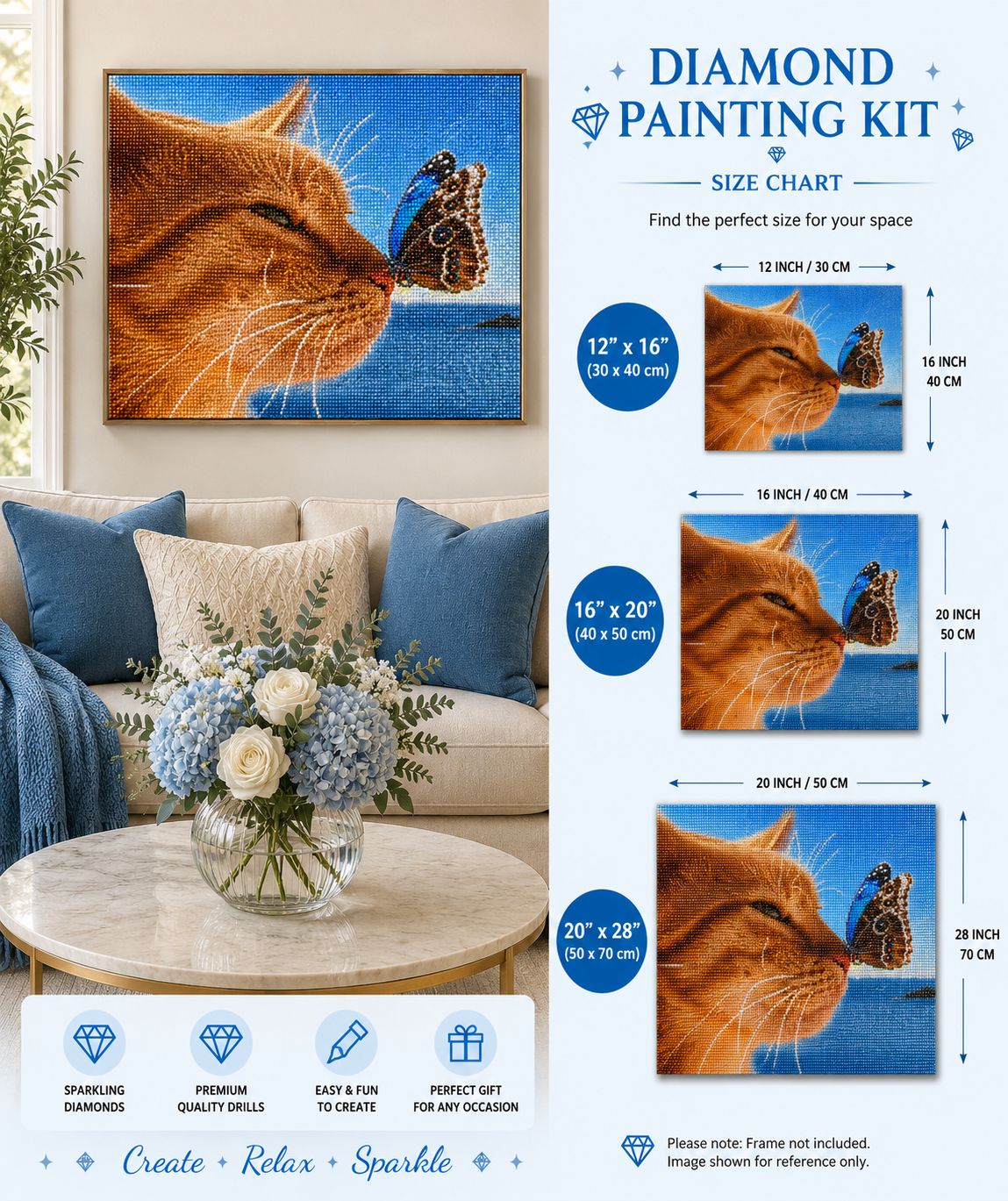 Tabby cat and butterfly diamond painting kit size chart – Tan Calico design, 3 sizes shown 12" x 16", 16" x 20", 20" x 28", framed finished tan calico cat art displayed on living room wall, premium sparkling diamonds — Azurra Shop
