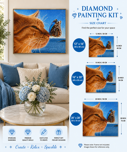 Tabby cat and butterfly diamond painting kit size chart – Tan Calico design, 3 sizes shown 12" x 16", 16" x 20", 20" x 28", framed finished tan calico cat art displayed on living room wall, premium sparkling diamonds — Azurra Shop

