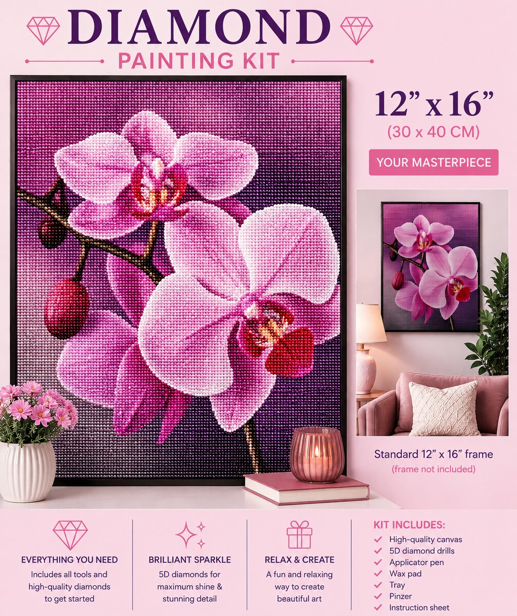 Pink orchid diamond painting framed on a pink wall, 12 by 16 inch size | Azurra Shop