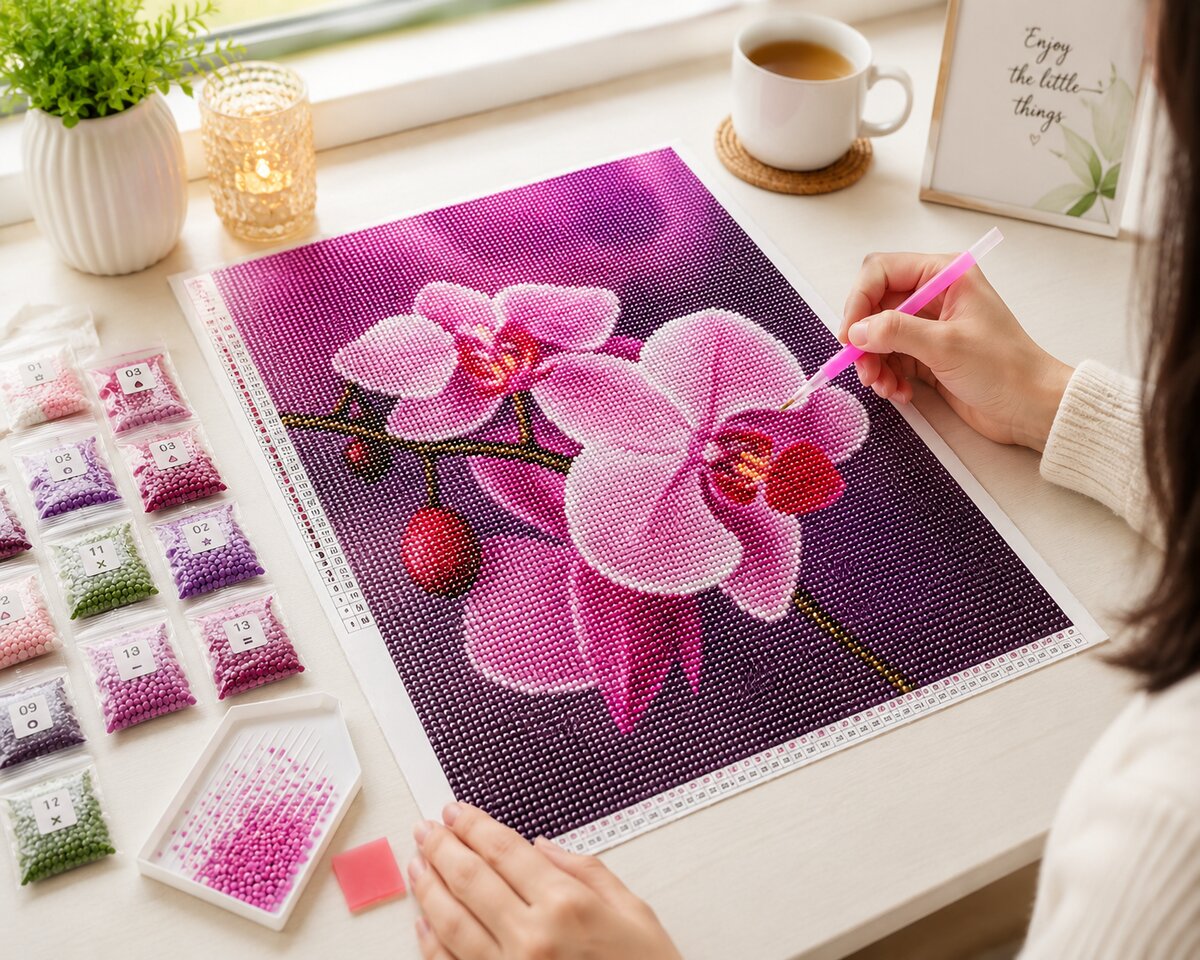 Woman placing diamonds on the pink orchid canvas at a desk with coffee and a candle | Azurra Shop