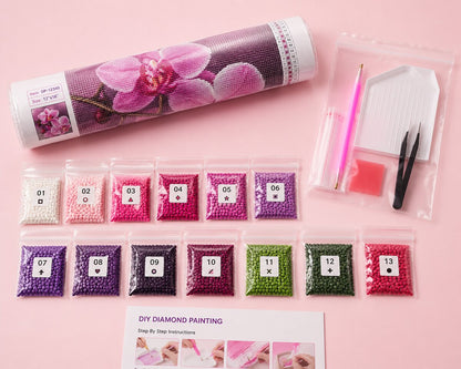 Diamond painting kit supplies including rolled canvas, 13 numbered diamond bags, tray, pen, and tweezers | Azurra Shop