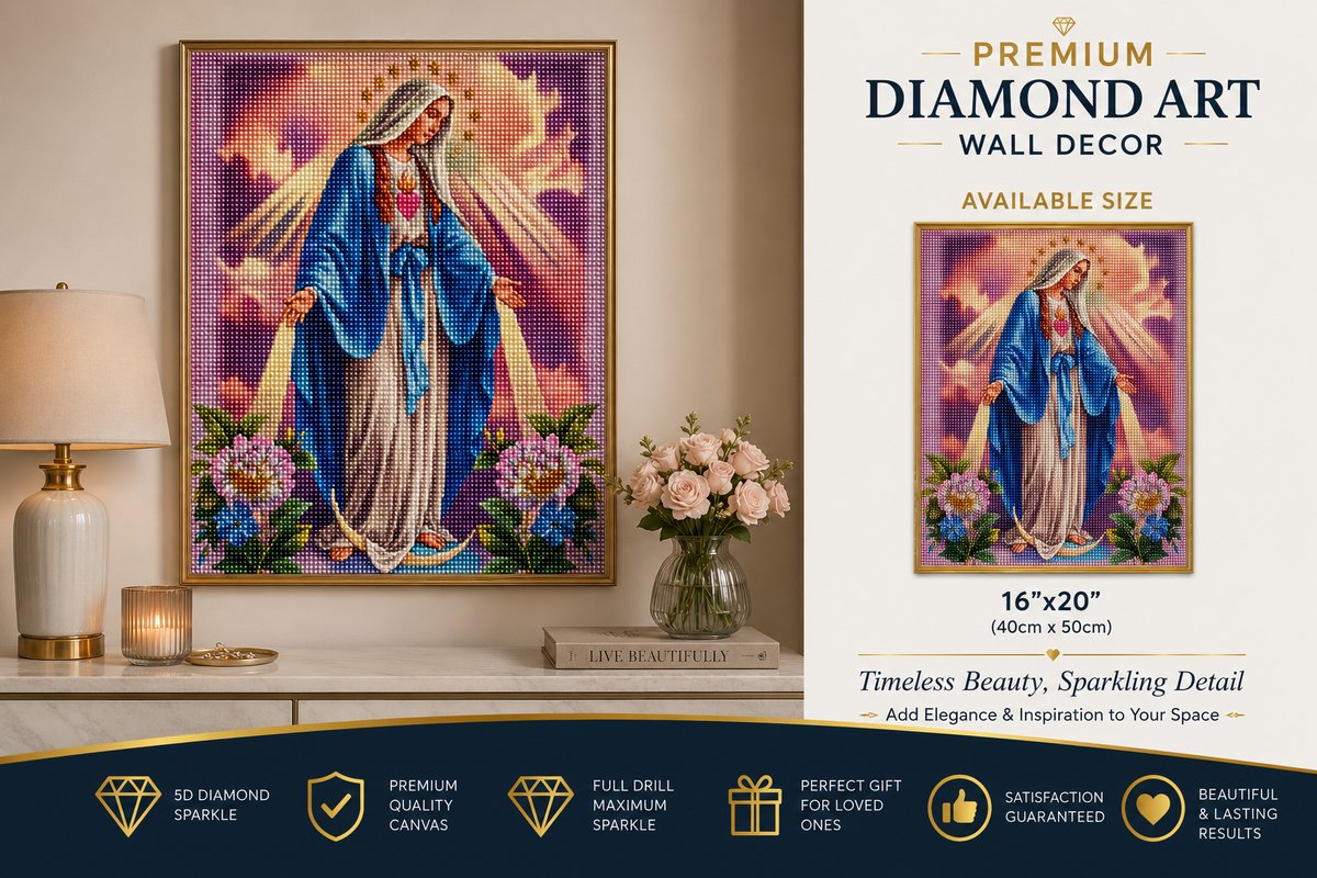 Our Lady of Grace diamond painting framed on a wall, shown with the size chart