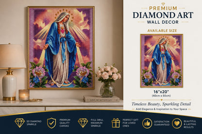 Our Lady of Grace diamond painting framed on a wall, shown with the size chart