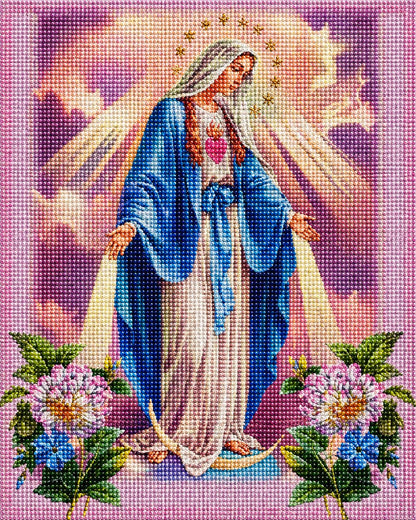 Close up of the finished Our Lady of Grace diamond painting, blue mantle, glowing heart, and crown of stars framed with flowers
