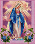 Close up of the finished Our Lady of Grace diamond painting, blue mantle, glowing heart, and crown of stars framed with flowers
