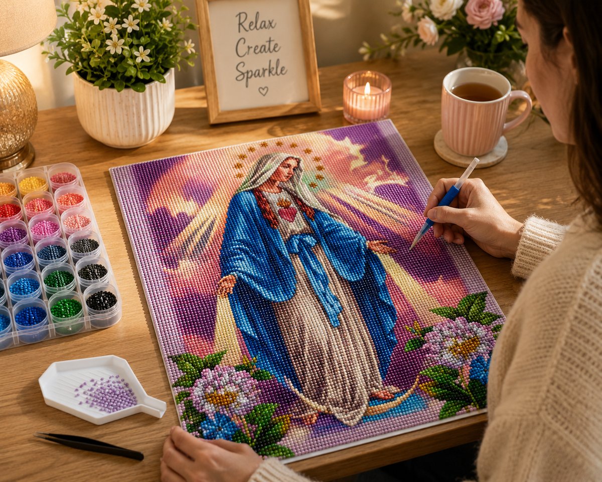 Working on the Our Lady of Grace kit at a cozy desk with warm lighting