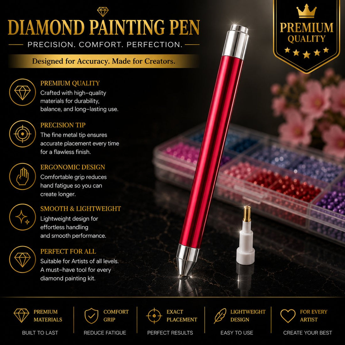 Red diamond painting drill pen with spare tip, shown next to a tray of sorted diamonds