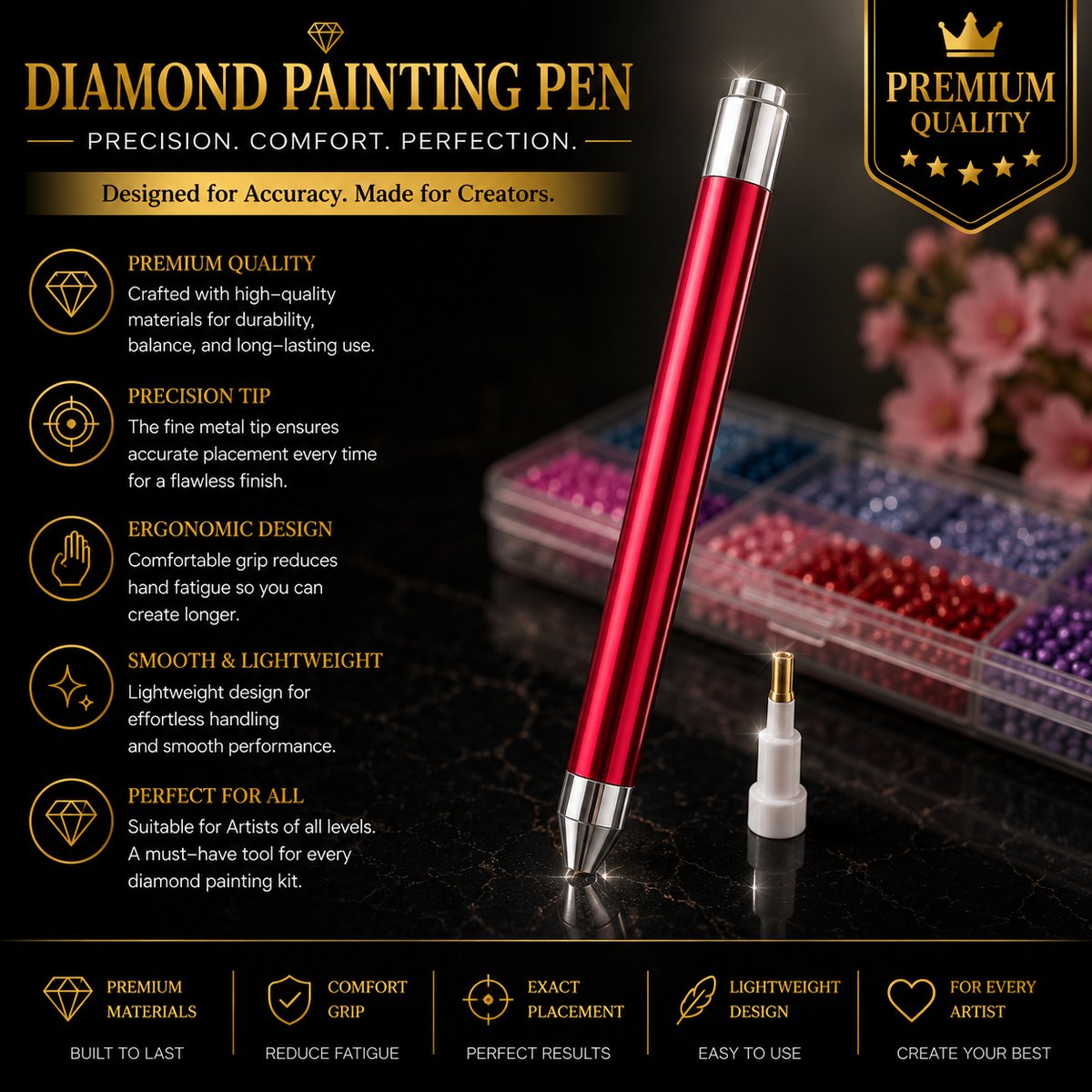 Red diamond painting drill pen with spare tip, shown next to a tray of sorted diamonds