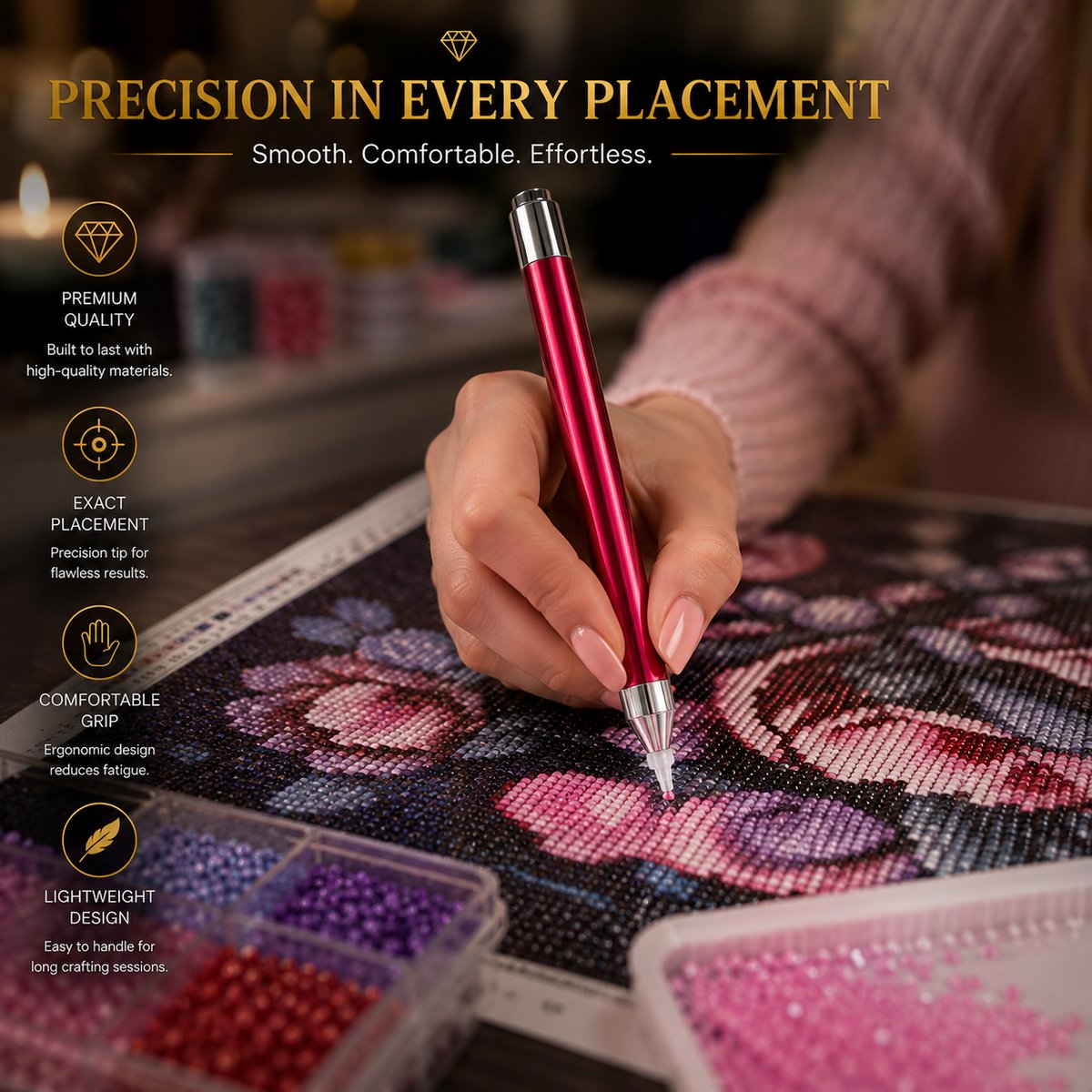 Woman using the drill pen to place diamonds on a floral canvas