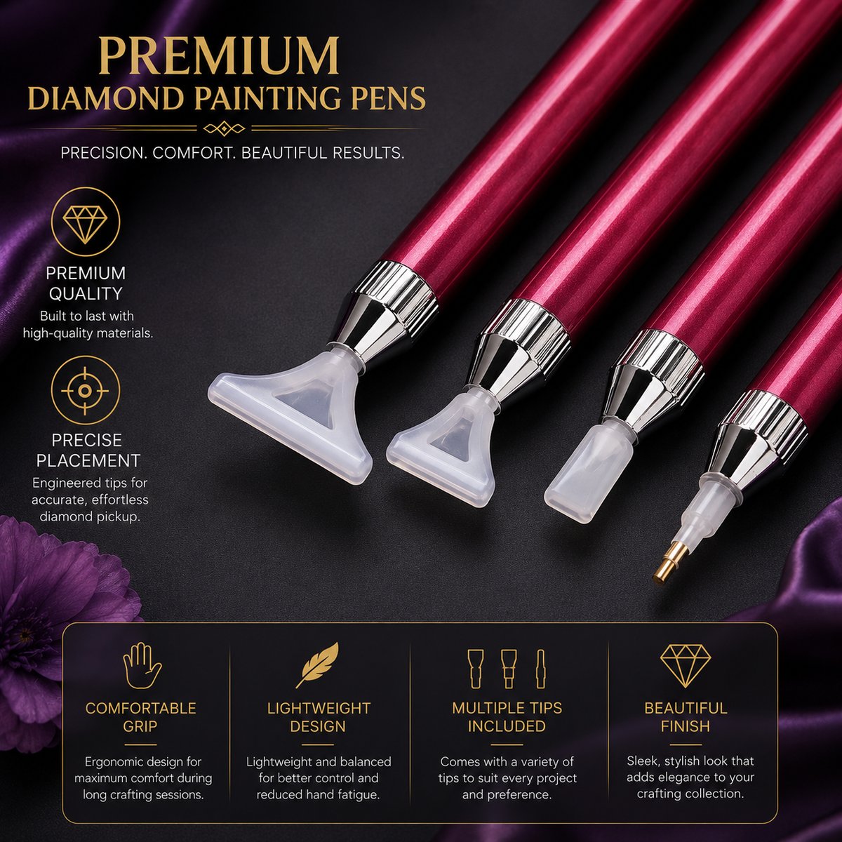Close up of the drill pen tips picking up and placing diamonds