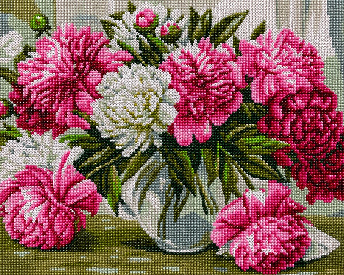 Close up of the finished pink peony bouquet diamond painting in a glass vase with white peonies and green leaves | Azurra Shop
