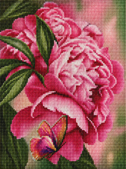 Close up of the finished peony and butterfly diamond painting with a large pink peony bloom and a colorful butterfly | Azurra Shop