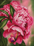 Close up of the finished peony and butterfly diamond painting with a large pink peony bloom and a colorful butterfly | Azurra Shop