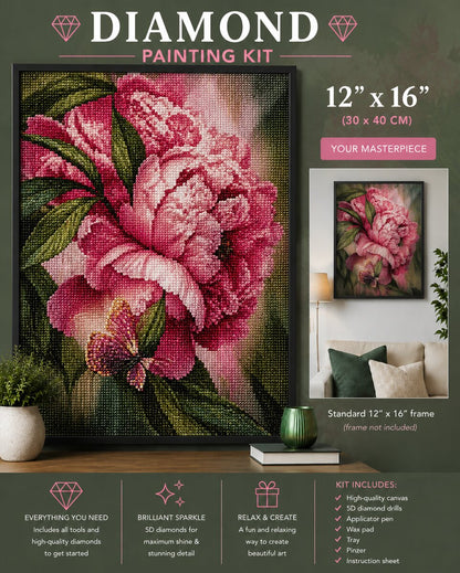 Framed peony and butterfly diamond painting displayed on a living room wall with green pillows and a plant | Azurra Shop