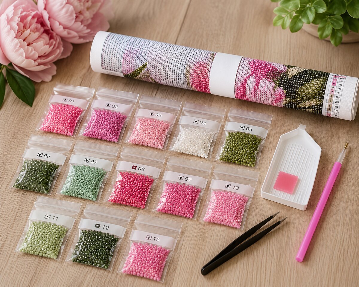 Rolled canvas and full supplies for the peony and butterfly kit, including numbered diamond bags, tray, and tweezers | Azurra Shop