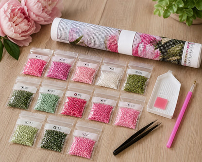 Rolled canvas and full supplies for the peony and butterfly kit, including numbered diamond bags, tray, and tweezers | Azurra Shop