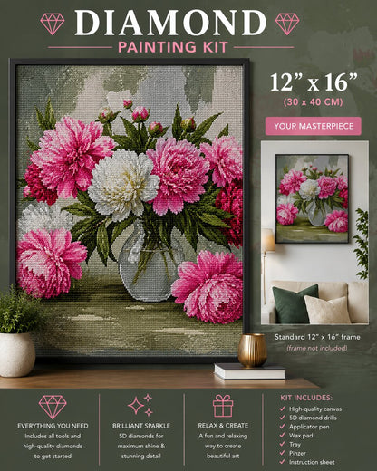Framed pink peony bouquet diamond painting displayed on a living room wall with a plant and side table | Azurra Shop