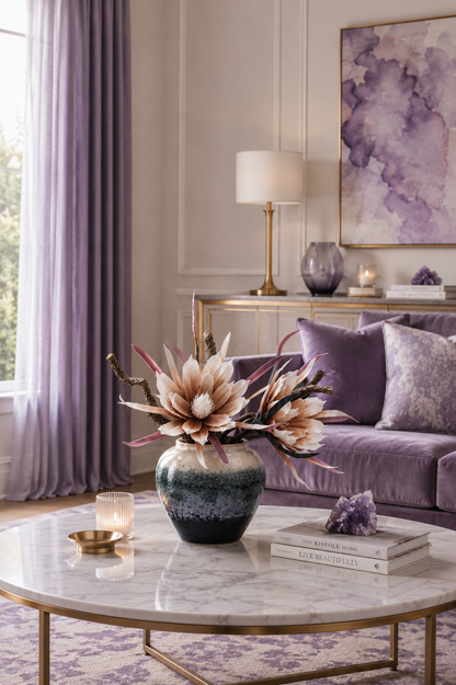 Blue and white rose ceramic vase styled on marble coffee table in elegant living room — Azurra Shop
