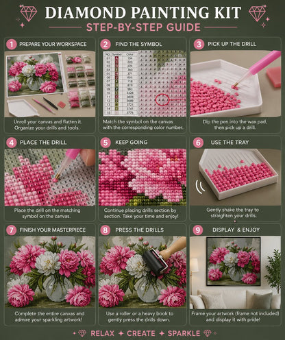 Nine step guide showing how to complete the pink peony bouquet diamond painting | Azurra Shop