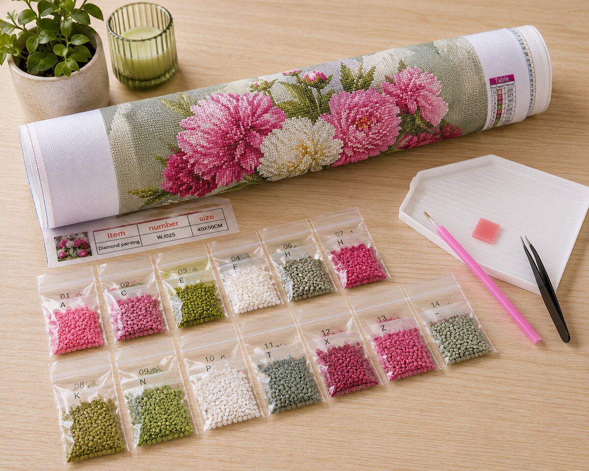 Rolled canvas and full supplies for the pink peony bouquet kit, including numbered diamond bags, applicator pen, and tweezers | Azurra Shop
